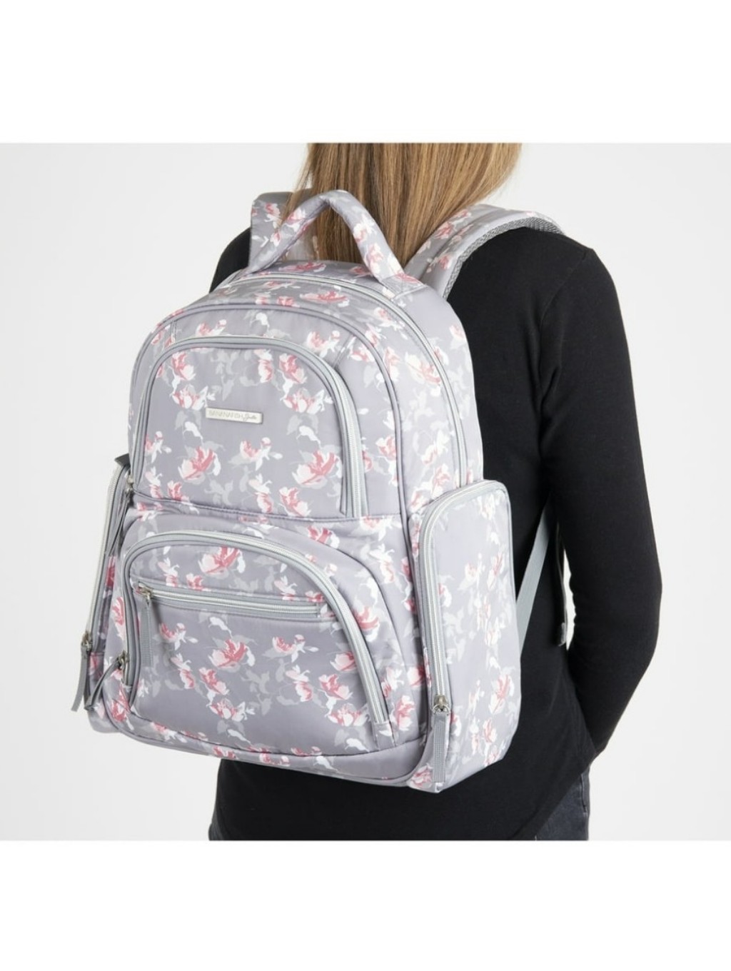 Bananafish Floral Gray, Pink, White Baby Diaper Bag Backpack With Changing Pad